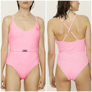 NWT Love Stories Swimclub Madison Rib One Piece Swimsuit Pink Belted Sz 3